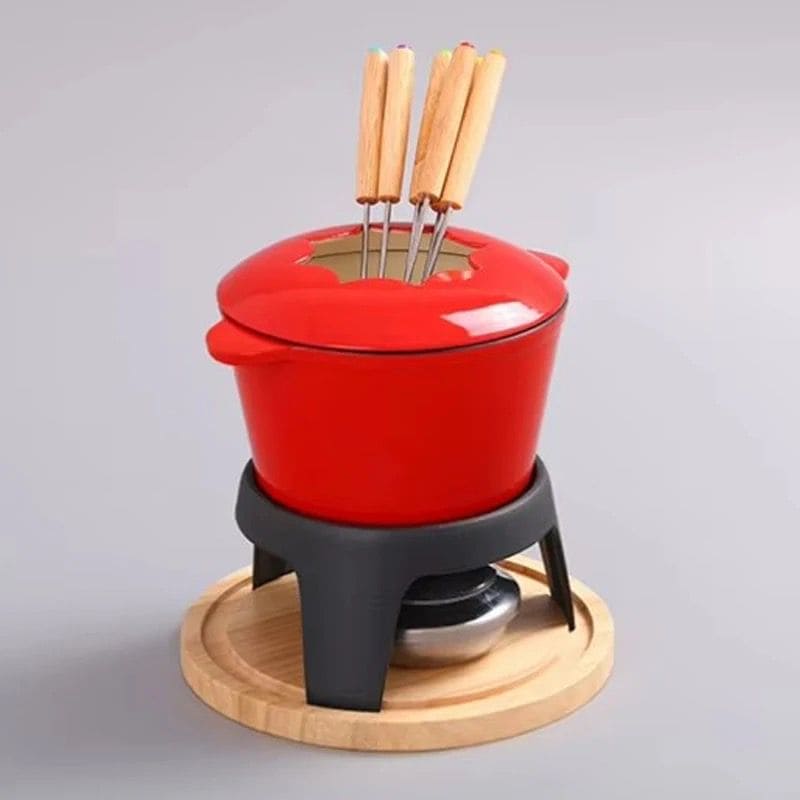 BIALETTI Cast Iron Fondue Pot Set for Cheese, Chocolate or Meat - Red Enameled 1.3 L Pot - Includes 6 Fondue Forks
