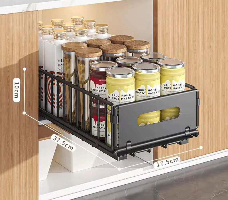 Slide-Out Storage Organizer 37.5x24.5x10 cm Matte Black Rustproof Carbon Steel Pull Out drawer Tray with Adhesive Taps and Screw Installation for Bathroom Cabinet, Under Sink, Dresser