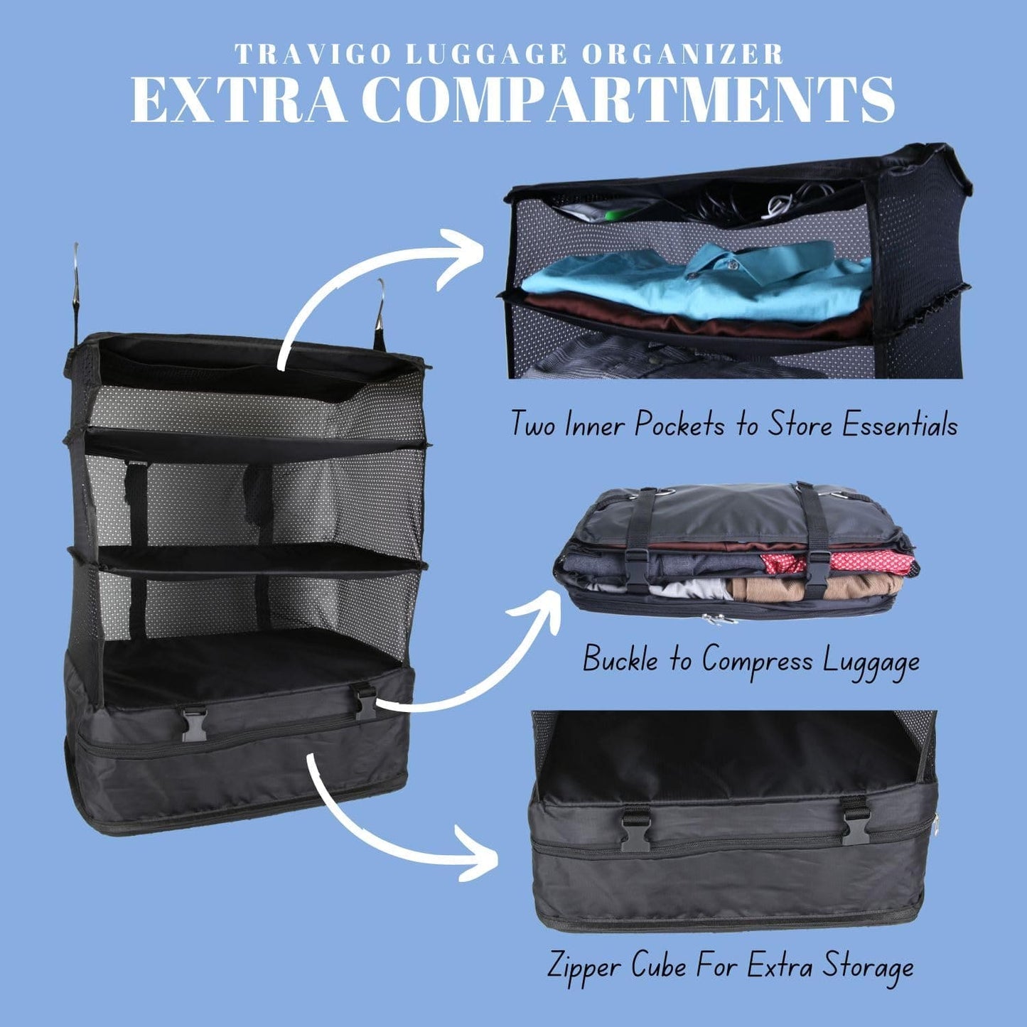 Portable Hanging Travel Shelves, Packing Organizer for Luggage.