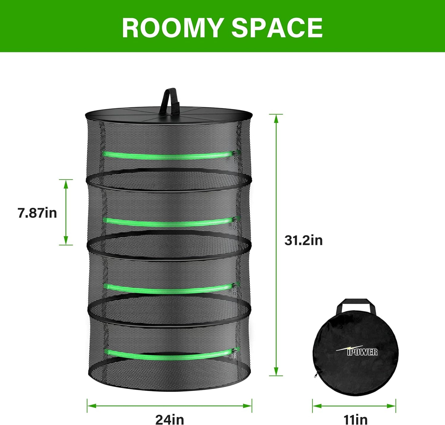 Hanging Herb Mesh Dry Rack Foldable Drying Net with Zippers Heavy Duty Ring , Free Storage Bag and Hook Included