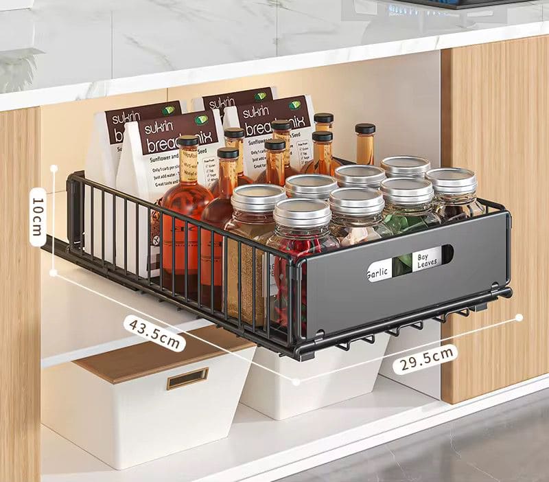 Slide-Out Storage Organizer 37.5x24.5x10 cm Matte Black Rustproof Carbon Steel Pull Out drawer Tray with Adhesive Taps and Screw Installation for Bathroom Cabinet, Under Sink, Dresser